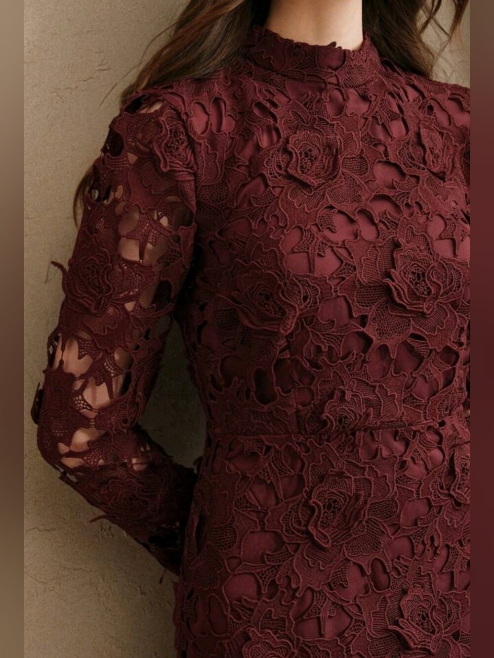 New Luxe Embroidered Sheer Lace Long Dress Long Sleeve Burgundy Red - Picture 4 of 14